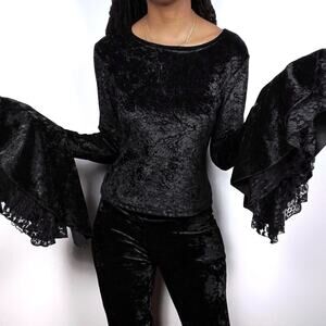 Y2K Morbid Threads Bell Flare Long Sleeve Velvet Blouse Top Vintage Goth Gothic